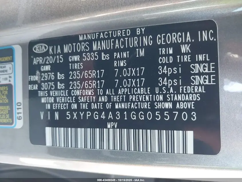 2016 KIA SORENTO 2.4L LX