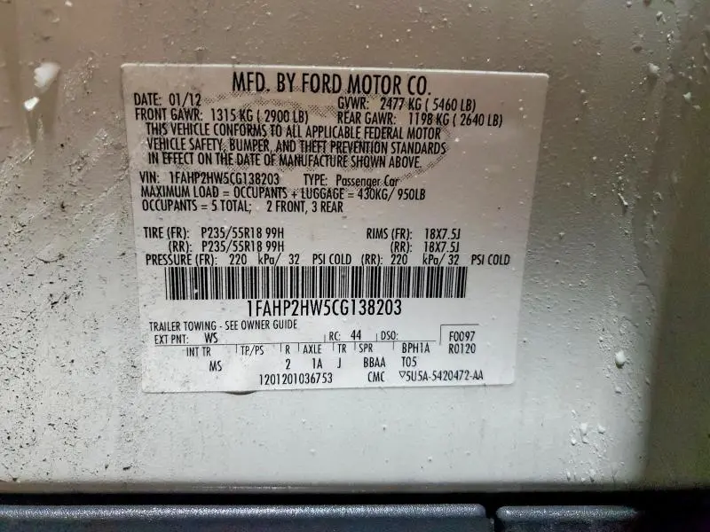 2012 FORD TAURUS SEL  