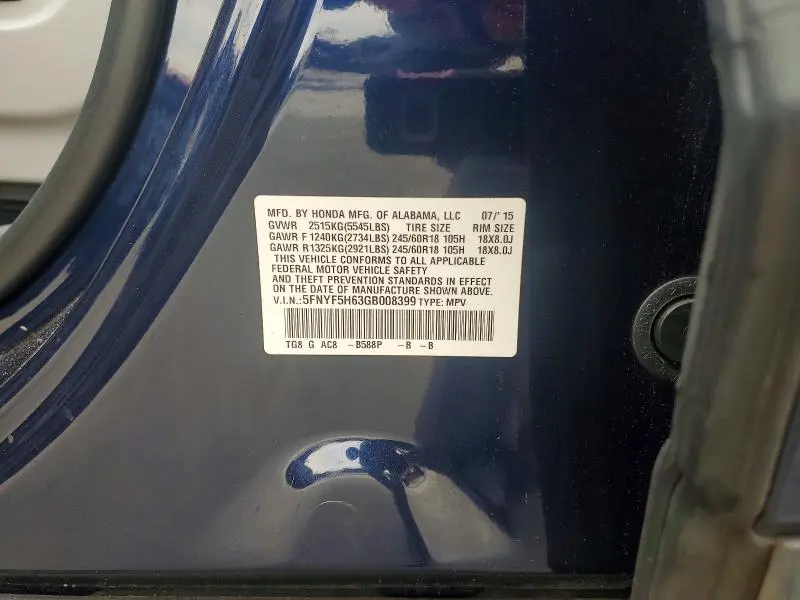 2016 HONDA PILOT EXL  