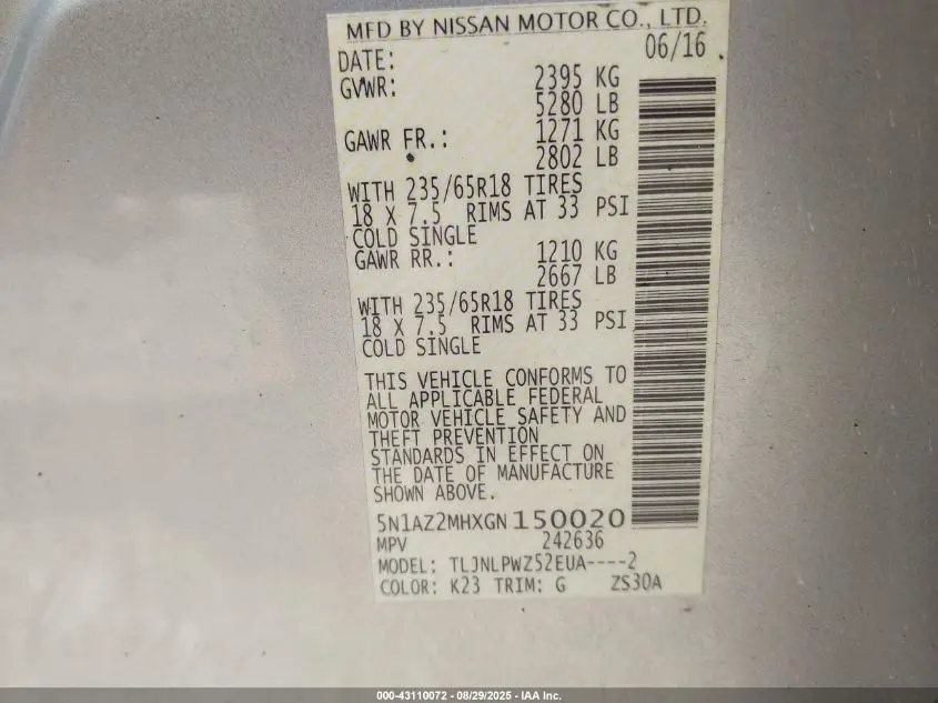 2016 NISSAN MURANO S