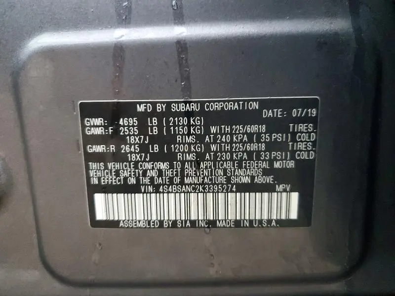 2019 SUBARU OUTBACK 2.5I LIMITED  