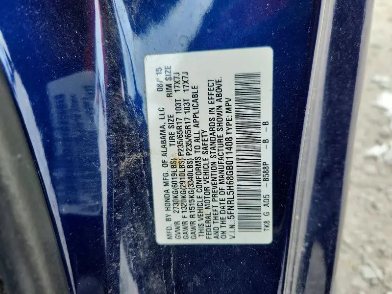 2016 HONDA ODYSSEY EXL  
