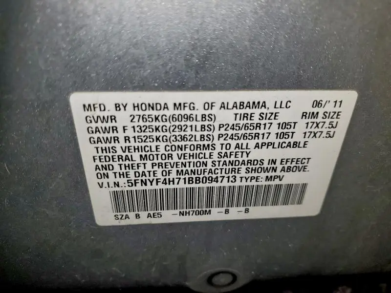 2011 HONDA PILOT EXLN  