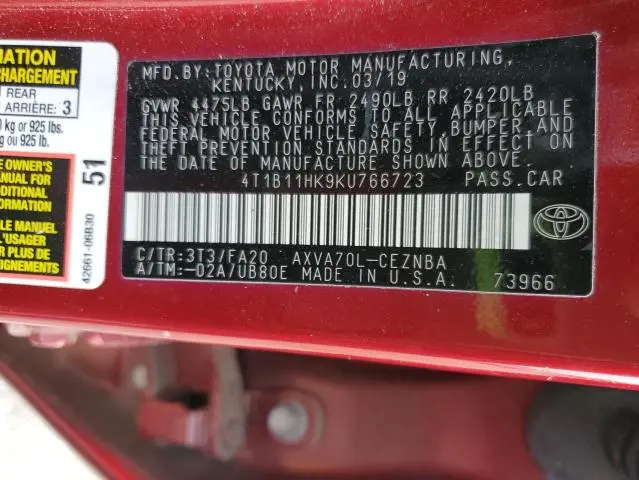 2019 TOYOTA CAMRY L  