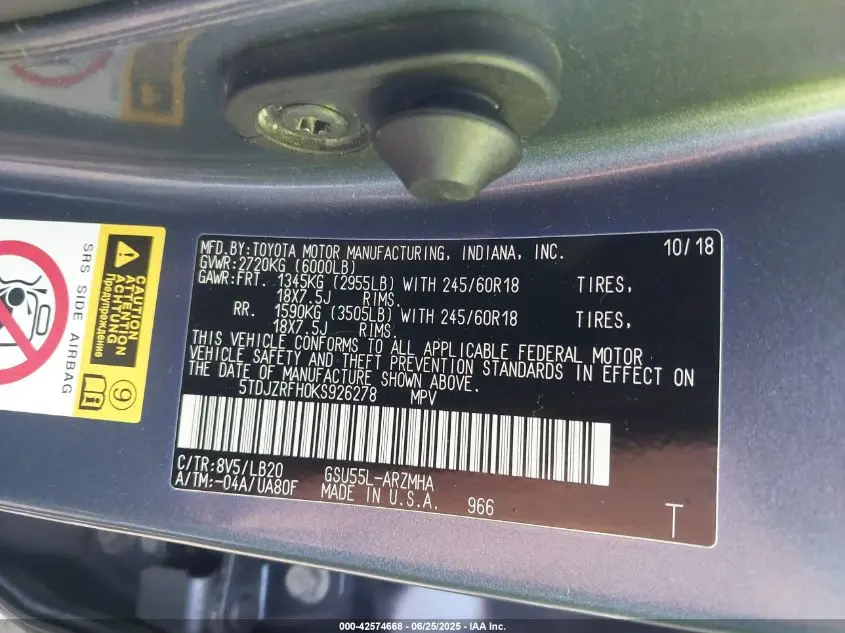 2019 TOYOTA HIGHLANDER XLE