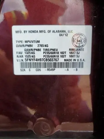 2012 HONDA PILOT TOURING  