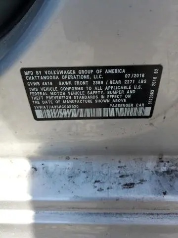 2017 VOLKSWAGEN PASSAT S