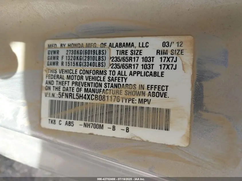 2012 HONDA ODYSSEY EX