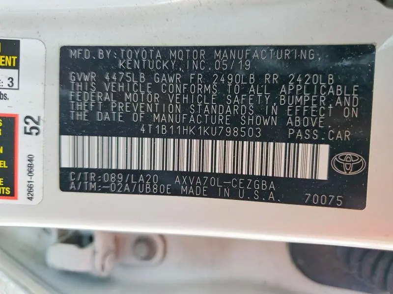 2019 TOYOTA CAMRY XLE  