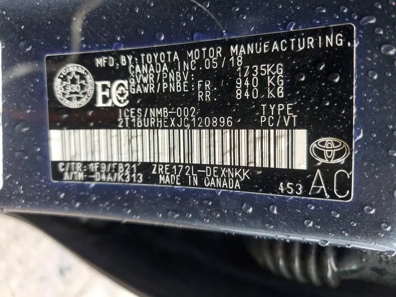 2018 TOYOTA COROLLA L  