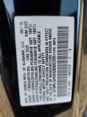 2016 HONDA ODYSSEY TOURING  