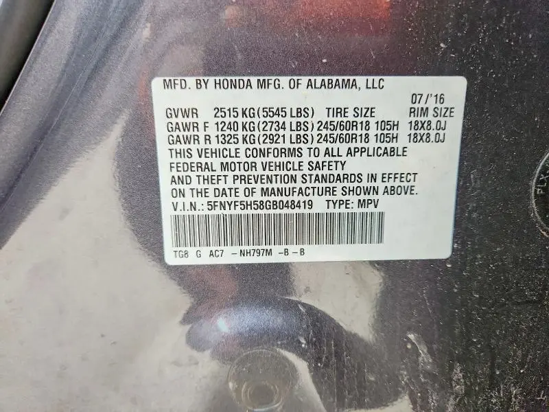 2016 HONDA PILOT   