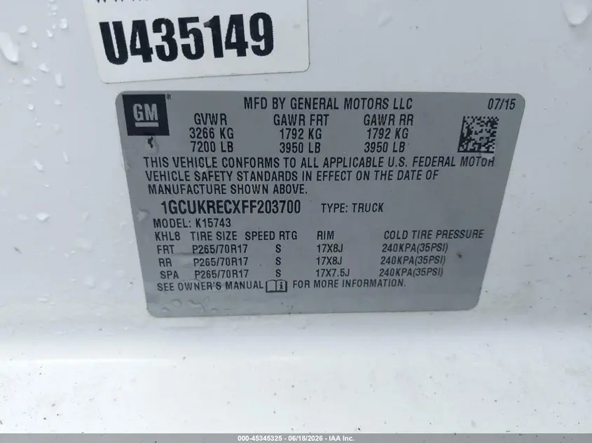 2015 CHEVROLET SILVERADO 1500 2LT