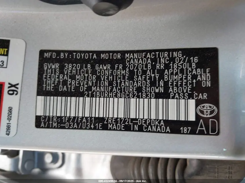 2016 TOYOTA COROLLA L