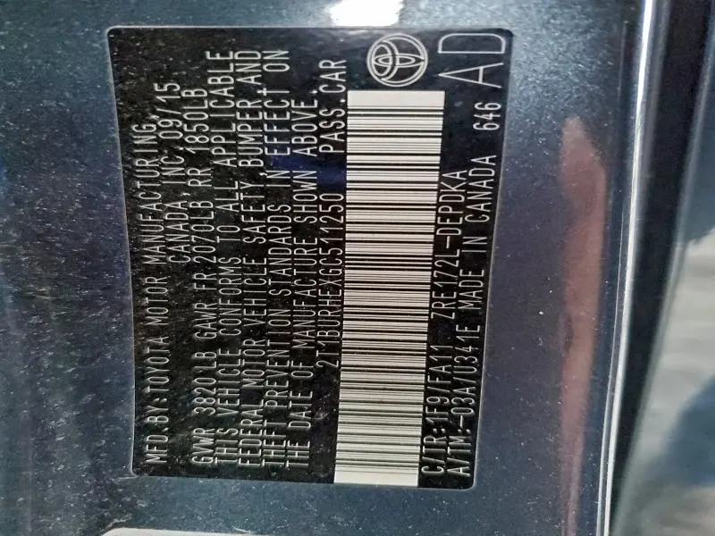 2016 TOYOTA COROLLA L  