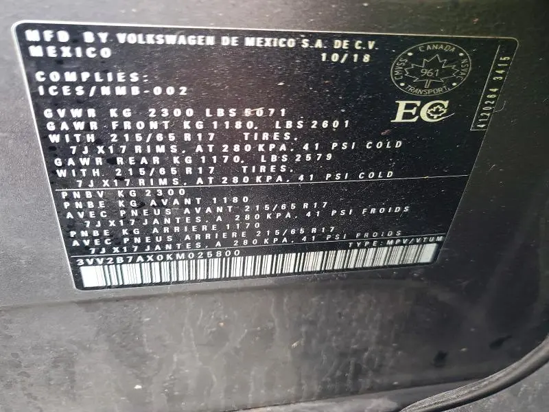 2019 VOLKSWAGEN TIGUAN SE  