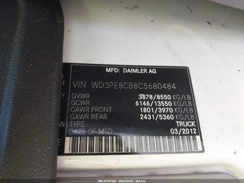 2012 MERCEDES-BENZ SPRINTER 2500 HIGH ROOF