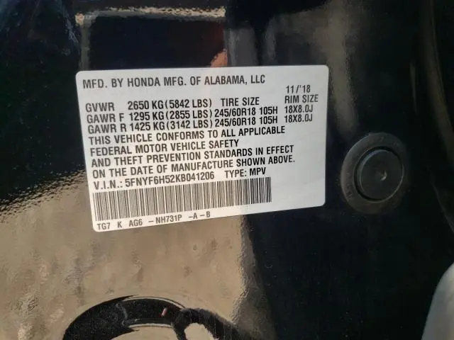 2019 HONDA PILOT EXL  
