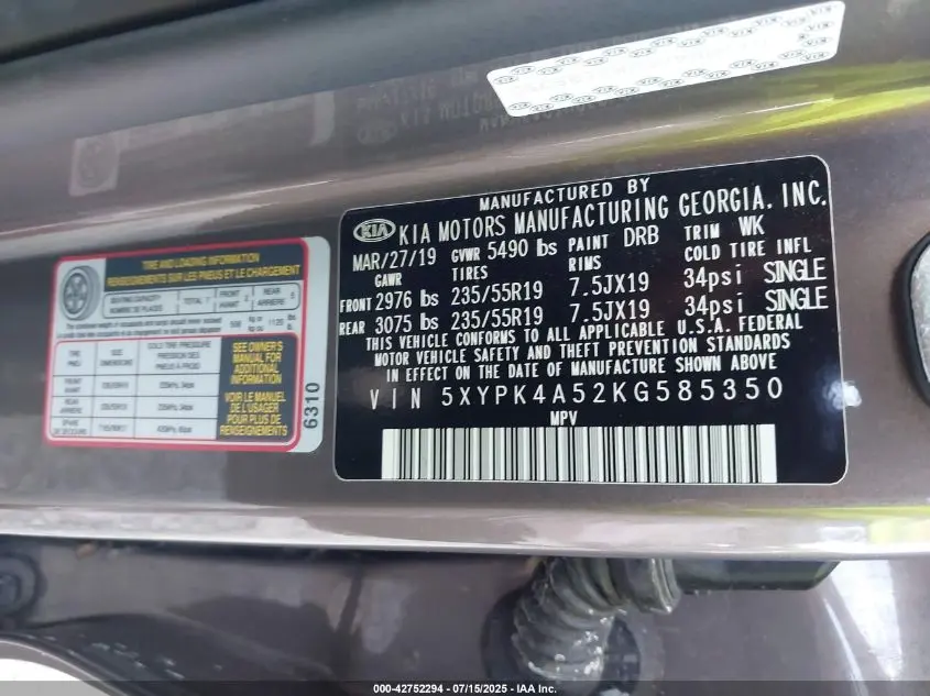 2019 KIA SORENTO 3.3L SXL