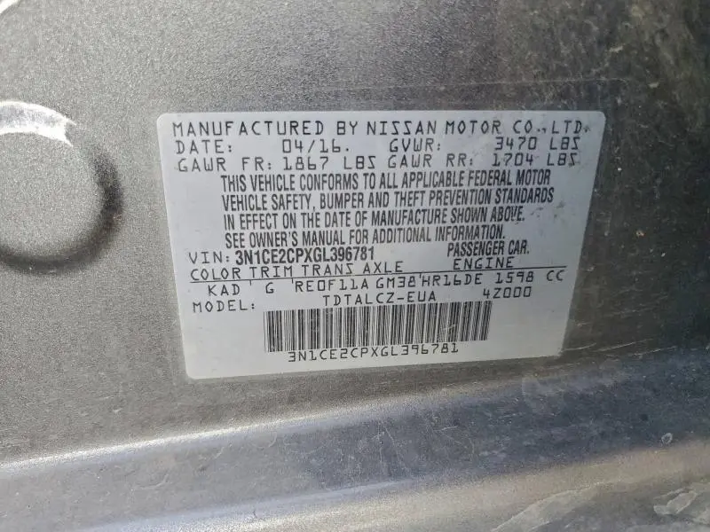 2016 NISSAN VERSA NOTE S  