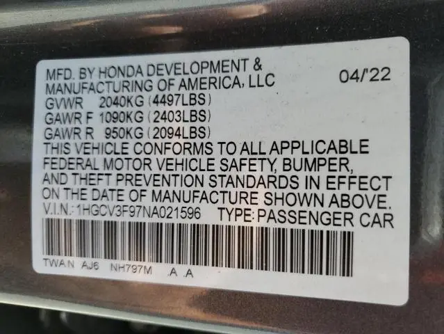 2022 HONDA ACCORD TOURING HYBRID  