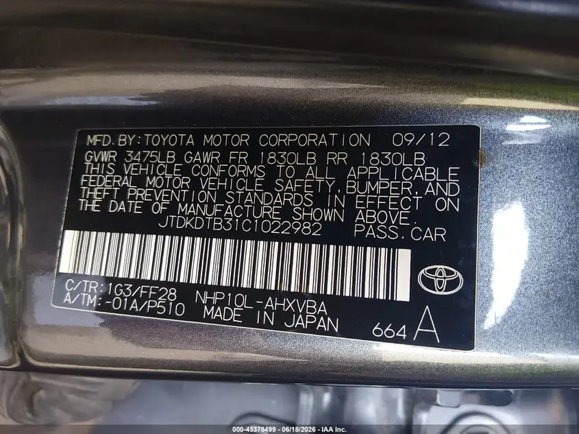 2012 TOYOTA PRIUS C TWO