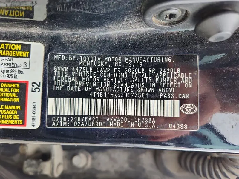2018 TOYOTA CAMRY SE  