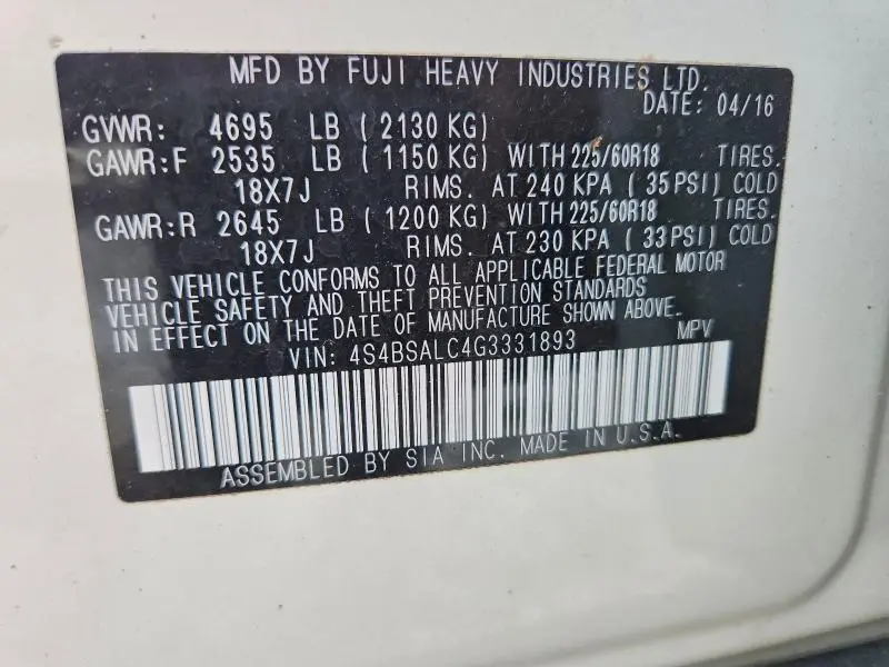2016 SUBARU OUTBACK 2.5I LIMITED  