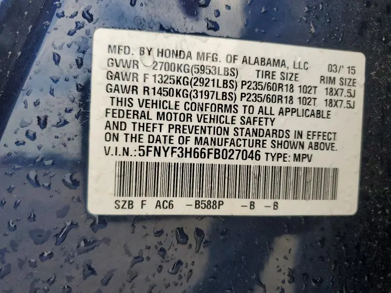 2015 HONDA PILOT EXL  