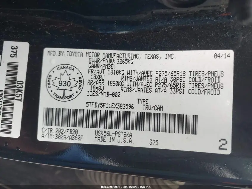 2014 TOYOTA TUNDRA SR5 5.7L V8