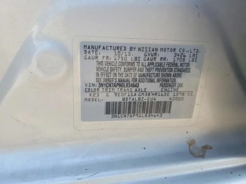 2016 NISSAN VERSA 1.6 SV  