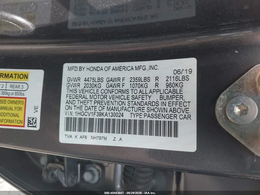 2019 HONDA ACCORD SPORT