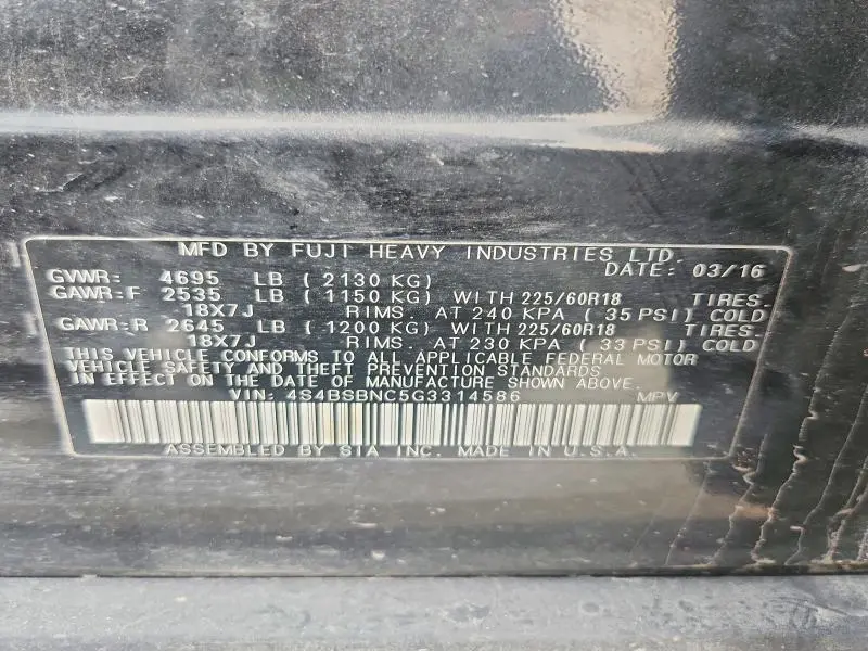 2016 SUBARU OUTBACK 2.5I LIMITED  