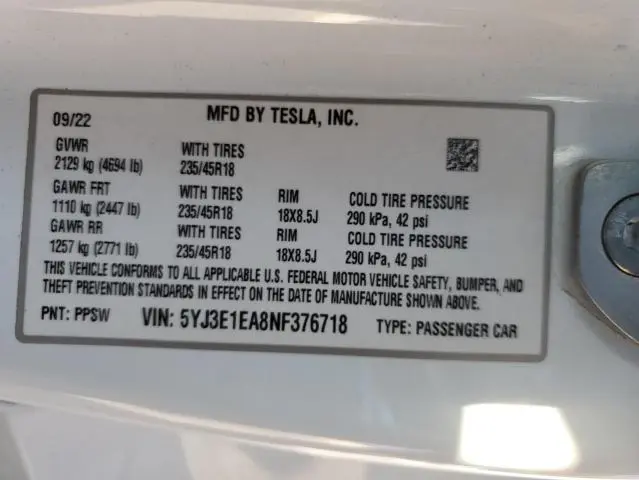 2022 TESLA MODEL 3   