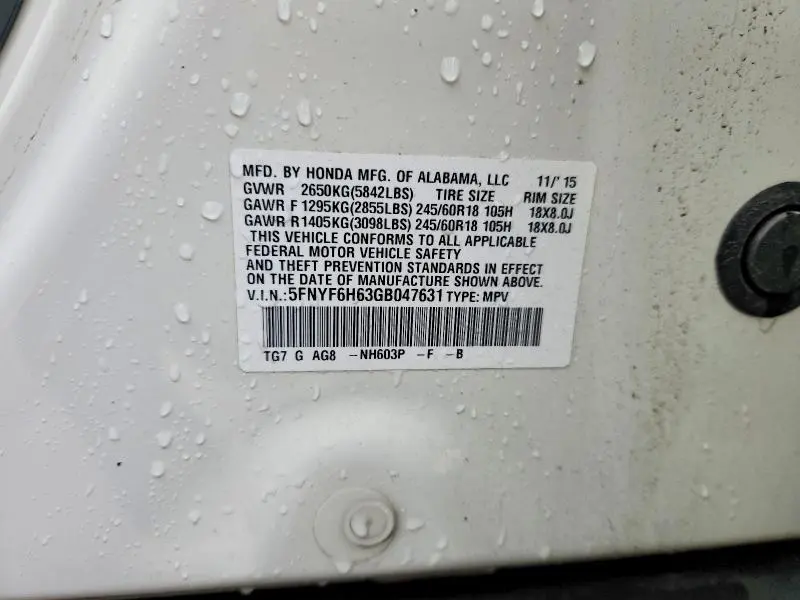 2016 HONDA PILOT EXL  