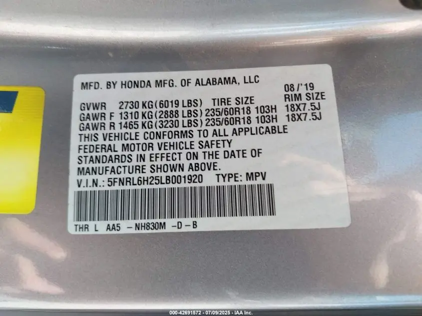 2020 HONDA ODYSSEY LX