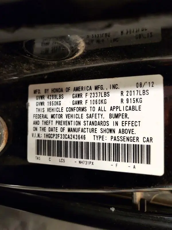 2012 HONDA ACCORD LX  