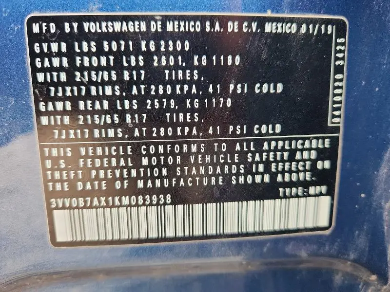 2019 VOLKSWAGEN TIGUAN S  