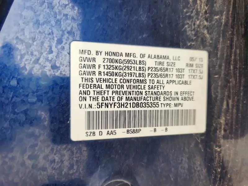 2013 HONDA PILOT LX  