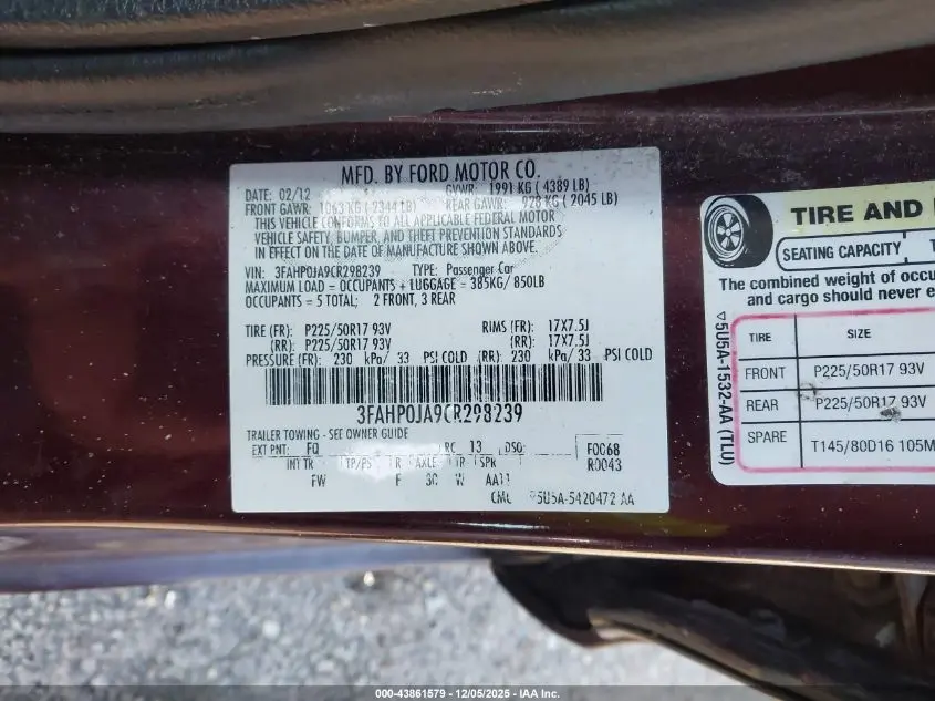 2012 FORD FUSION SEL