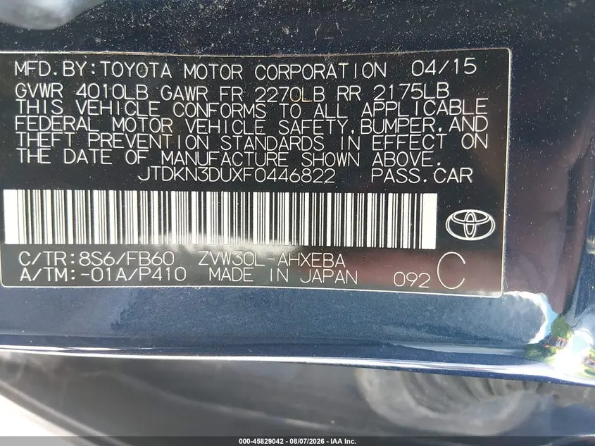 2015 TOYOTA PRIUS TWO