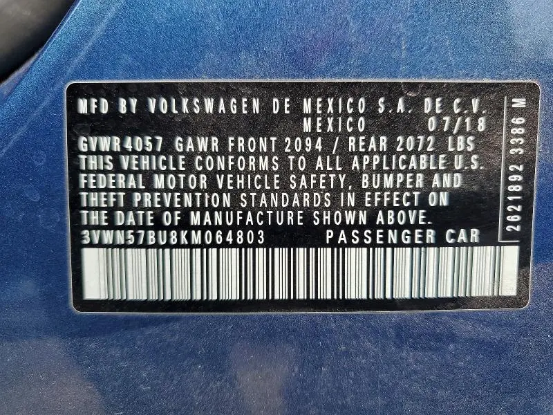 2019 VOLKSWAGEN JETTA S  