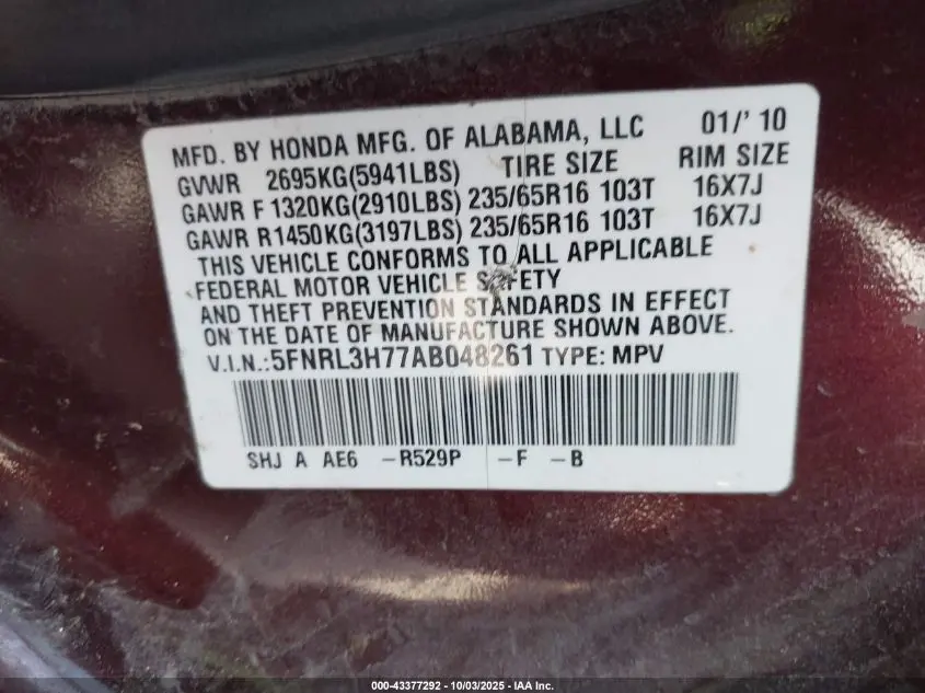 2010 HONDA ODYSSEY EX-L