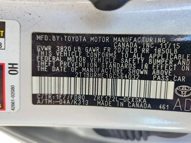 2016 TOYOTA COROLLA S PLUS  