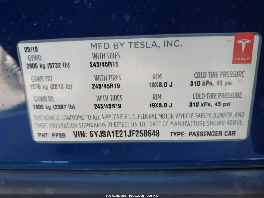 2018 TESLA MODEL S 100D/75D/P100D