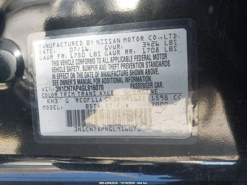 2016 NISSAN VERSA 1.6 SV