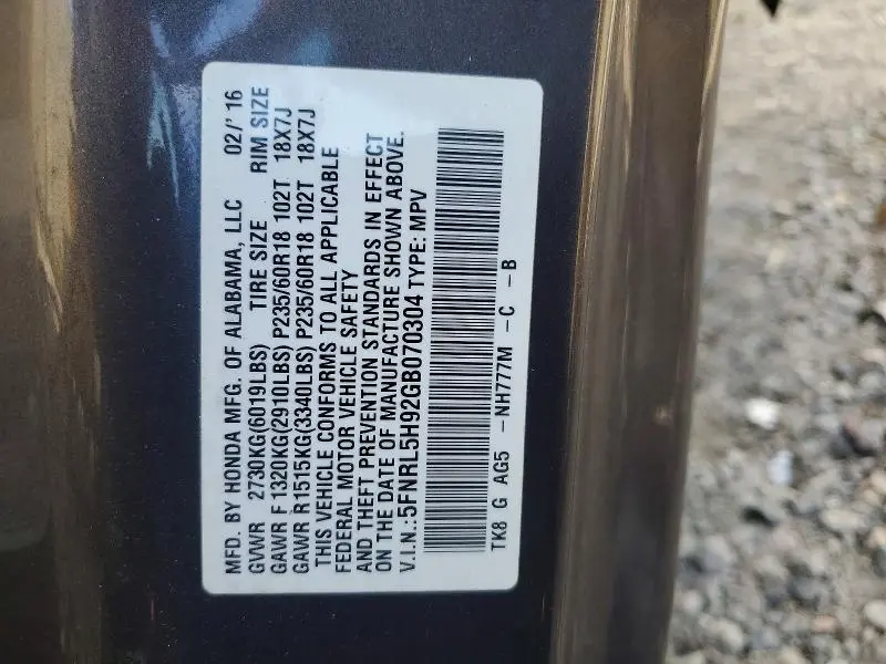 2016 HONDA ODYSSEY TOURING  