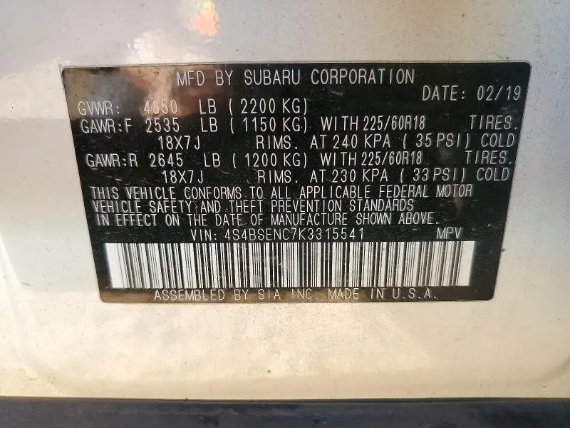2019 SUBARU OUTBACK 3.6R LIMITED  