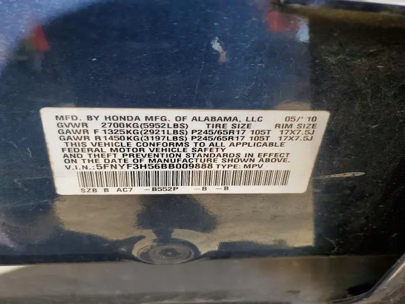 2011 HONDA PILOT EXL  