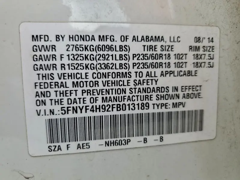 2015 HONDA PILOT TOURING  